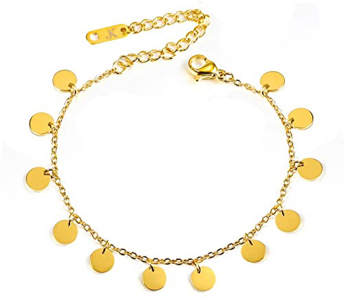 Kim Johanson Edelstahl Damen Fußkettchen *Coins* in Gold | Fußkette mit 12 kleinen Plättchen | Rostfrei & Wasserfest | Kugeln Fußband | Frauen Boho Schmuck | Verstellbar inkl. Schmuckbeutel