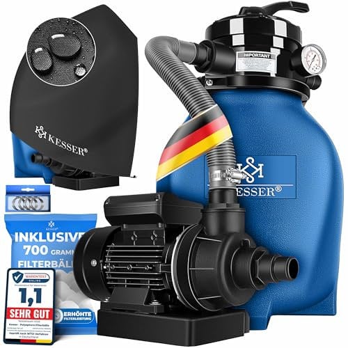 KESSER® Filtro de Arena, Sistema de filtrado de Arena + Bolas de filtrado de 700 g Que sustituyen a Las de 25 kg de Arena de filtrado para Piscinas, Sistema de filtrado de 10 mġ/h para Piscinas (Azul)