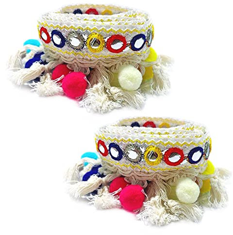 Anyasen Fransenband 2 Stück Quasten Band bunt Pompons Band Bommel Ball Fransen Band Bommelborte Pomponband Pomponborte zum Nähen Fransen Quasten Trim Zierborrte Pompom Fransenborte mit Quasten