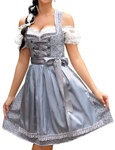 KOJOOIN Damen Dirndl Trachtenkleid Kurz Set 3tlg. für Oktoberfest inkl. Dirndl Kleid,Dirndlschürze,Dirndlbluse Grau-blau(3tlg.) 38