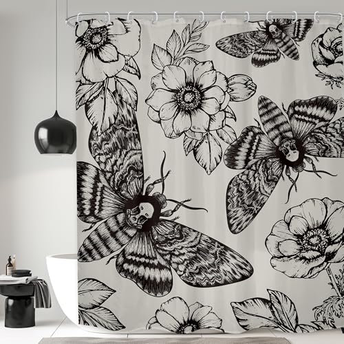 LGhtyro Gothic Skull Shower Curtain Bathroom Set 60Wx71H Inches Scary Death Head Moth Black Flower Leaves Mysterious Butterfly Bath Accessories Retro Art Home Decor Fabric 12 Pack Hooks
