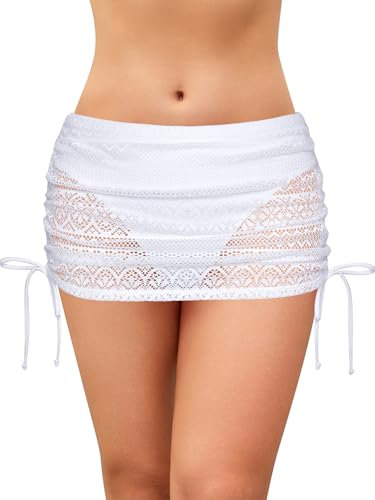 SHEKINI Women's Skirted Bikini Bottoms Side Drawstring Lace Crochet Hollow Swim Skirt with Briefs Swimsuit Bottom, White, Medium