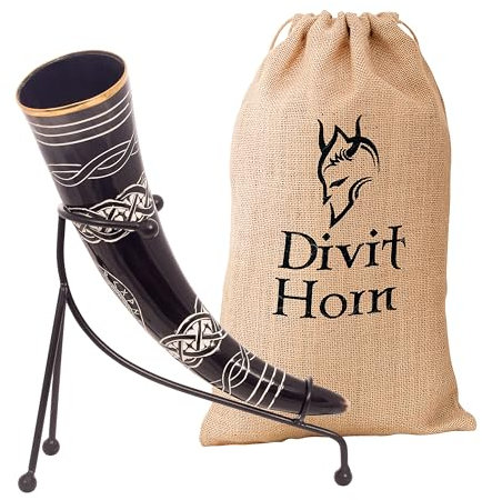 Corno da bere originale vichingo Divit con supporto in con | Autentico corno da birra medievale | Decori in ottone e sacchetto regalo in lino inclusi. (Tree of Life, Polished)