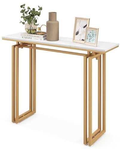 COSTWAY Konsolentisch schmal, Flurtisch Marmor Optik, Beistelltisch mit Metallrahmen, Eingangstisch modern, schmaler Tisch für Wohnzimmer & Eingang, 110 x 30 x 81 cm (Gold)