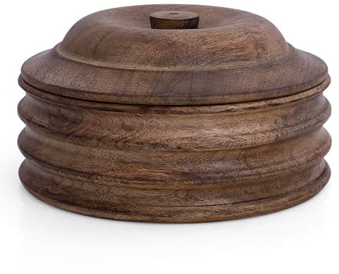 Handcrafted Wooden Mexican Tortilla Warmer Basket Indian Chapati Roti Bread Holder Box Pancake Keeper Serveware Hot Pot Casserole Dish with Lid Home Kitchen Dining Decor, Natural Brown, 22 x 11 cms