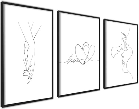 3er Set Poster A4 Mit Rahmen Schwarz Wanddeko Wohnzimmer Ideal als Geschenk | Line Art Liebe Küssen Hand in Hand Weiß Sprüche Zitate Bilder Wanddeko, Modernes Design, Hochwertige Qualität, Schlafzimmer