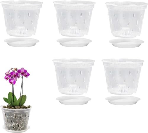 Blanketswarm Confezione da 5 Vasi per Orchidee, 5 Vasi per Orchidee da 6,7 pollici Ciascuno con Fori di Drenaggio e Sottovasi, Vasi per Orchidee in Plastica Trasparente, Fioriera per(6IN)