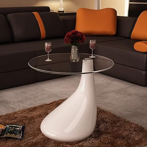Gecheer Couchtisch Kaffeetisch Glastisch Beistelltisch mit 8 mm Glastischplatte Tropenform-Fuß 55 cm Höhe Hochglanz-Weiß