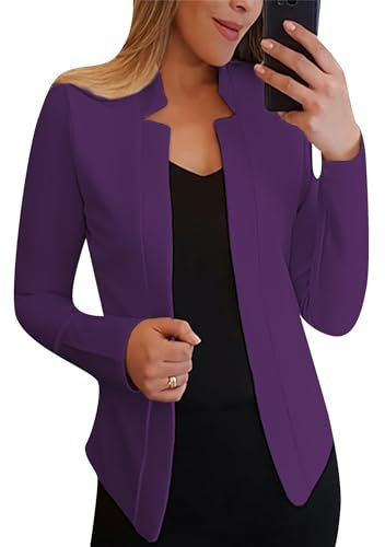 OMZIN Femmes Casual Blazer Combinaison Open Front Blazer 3/4 Manches Cintrées Veste Décontractée Bureau Cropped Blazer Violet M
