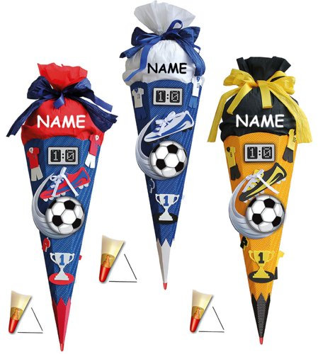 3 TLG. XXL - BASTELSET Schultüte - Fußball 85 cm - mit Holzspitze - incl. Namen - Zuckertüte Roth - ALLE Größen - 6 eckig Fußballer Fussball Sport Jungen rot ..