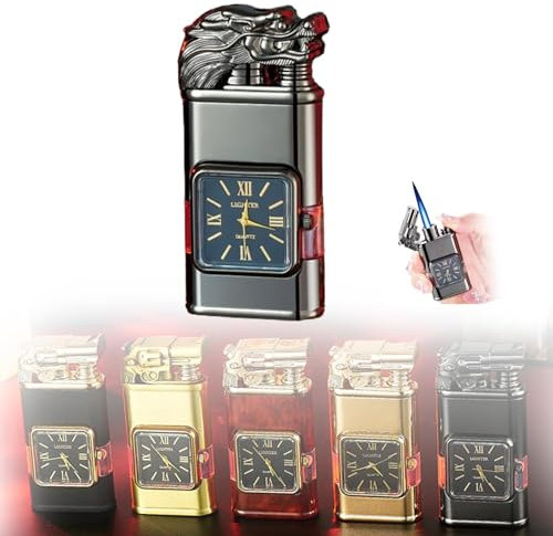 Winddichtes Feuerzeug, Retro-Uhrenrahmen, Jet-Flammen-Fackel, 2024, neues cooles, einzigartiges Flammen-Retro-Feuerzeug, nachfüllbares Butangas-Feuerzeug mit Doppelflammen-Design, geeignet for Outdoor