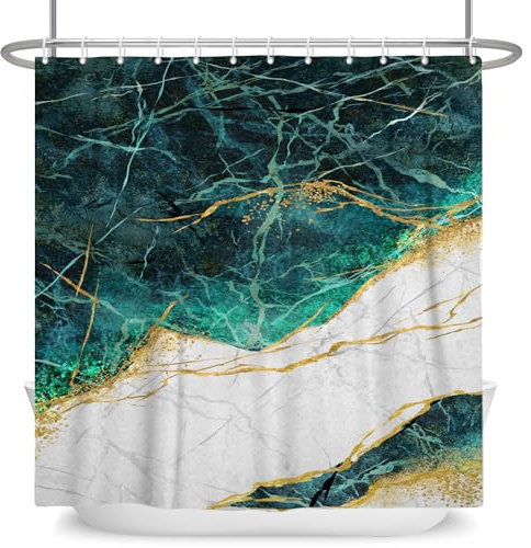 ASDCXZ Marmor Duschvorhang 180x200 cm, Modern Abstrakt Blau Grün Greu Weiß Gold Marmor Optik Textur Waschbar Bad Duschvorhänge Polyester Textil Wasserdicht Duschvorhang für Badewanne mit 12 Haken