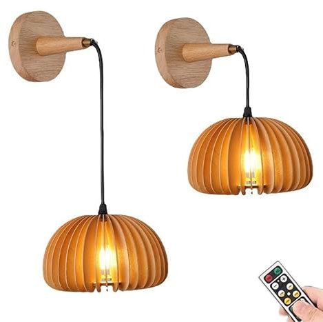 Battery Operated Wooden Wall Sconces Set of 2, Rechargeable Dimmable Timed Wall Lights No Wires with Pumpkin Lantern, Not Hardwired Wall Lights Hanging Lamp for Farmhouse Kitchen Bedroom Dining Room (
