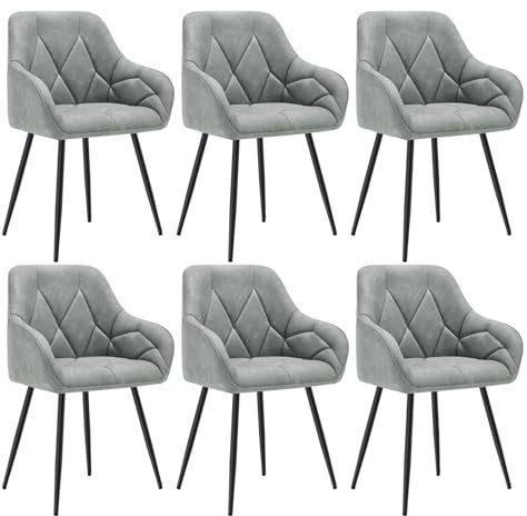 WOLTU 6er Set Esszimmerstühle, Küchenstuhl, Stuhl Esszimmer Wohnzimmer, ergonomischer Sessel, Armlehnstuhl, Polsterstuhl, Sitzfläche aus Vintage-Kunstleder, Metallbeine, grau, EZS03gr-6