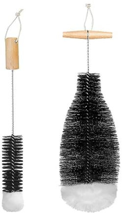 2in1 35cm Extra Long Bottle Brush with Wooden Handle, 100% Scratch-Free Bottle Cleaning Brush Deep Cleaner for Washing Thermos Cup Narrow Neck Beer, Wine Bottles (Black)