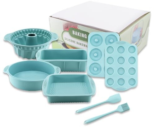 TOKSEO Juego de moldes de silicona antiadherentes 8 en 1, moldes para magdalenas de silicona, rectangular/cuadrados/redondos/redondos/rosquillas, con espátula y pincel para hornear pizza, pan
