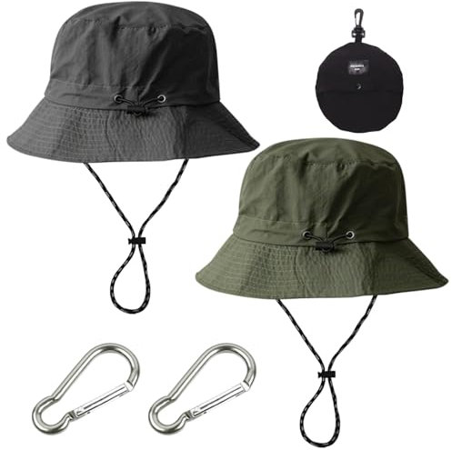 EHDWXVZM 2 Sombreros de Pescador y 2 mosquetones con 2 Cuerdas Resistentes al Viento, Sombrero Impermeable para el Sol, Sombrero para el Sol de Secado rápido, Sombrero para el Sol Plegable