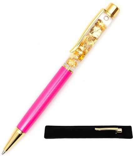 Kugelschreiber mit rosa Blattgold, mit Samtetui, originelles und schickes Geschenk, echte schwebende Goldfolie, schwarze Tinte, Druckkugelschreiber