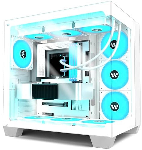 ANSAITE ATX PC Case, Pre-Installed 6x120mm ARGB & PWM Fans, Panoramic View Tempered Glass Mid-Tower Case with USB 3.0,360mm Radiator Support,White,W6