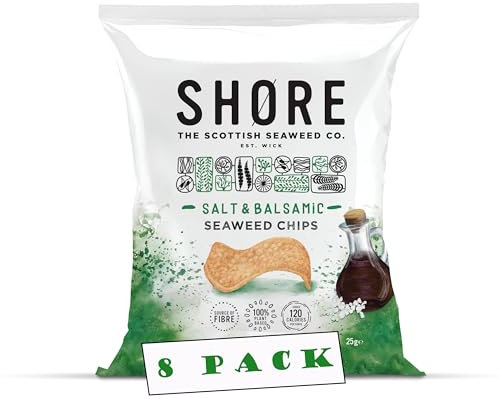 Shore Seaweed Salt & Balsamic Chips,(Pack of 8 x 25g) – Vegan, Plant-based crisps - Low Calorie Snacks, Low Fat, Source of Fibre