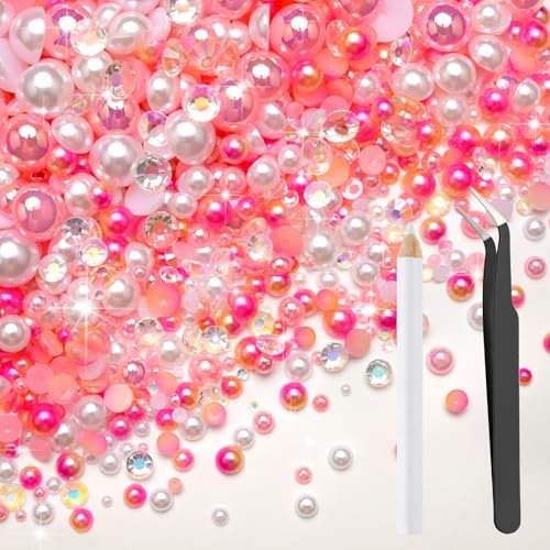 Bouiexye 80g Mix Flatback Pearls and Rhinestones for Crafts Pink White Mixed Size 2mm-10mm Half Round Pearls Rhinestones for Nail Art Tumblers Shoes DIY Bedazzling with Tweezers Wax Pen