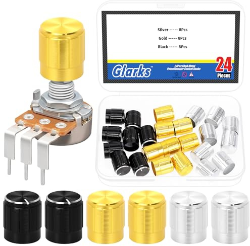 Glarks 24pcs 5.7mm Black/Gold/Silver Aluminum Potentiometer Control Knobs Kit, Potentiometer Knobs Knurled Shaft, Rotary Knob, Volume Control Knob Encoder for Synthesizers, Amplifier