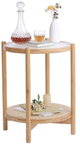2-stöckiger Bambus-Ecktisch, runder Sofa-Beistelltisch, mit Glastischplatte & Rattan-Aufbewahrungsregal, für kleine Räume – Balkon, Wohnheim
