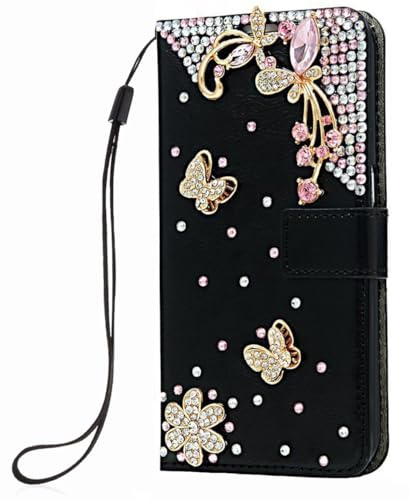 BLOTECH Hülle für ZTE Blade A35e Beutel Flip Case 3D Rhinestone Glitzer Handyhülle Brieftasche PU Handytaschen Etui Schutzhülle Schwarzes Ledertasche Diamanten für ZTE Blade A35e