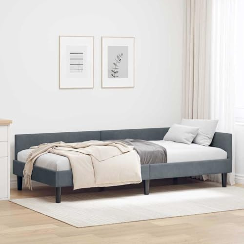 ACAGALA Tagesbett 90x200 cm, Bettgestell mit Kopfteil und Lattenrost, Eckbett in Stoff ohne Matratze, Jugendbett Einzelbett Gästebett Schlafsofa für Schlafzimmer Wohnzimmer, Dunkelgrau