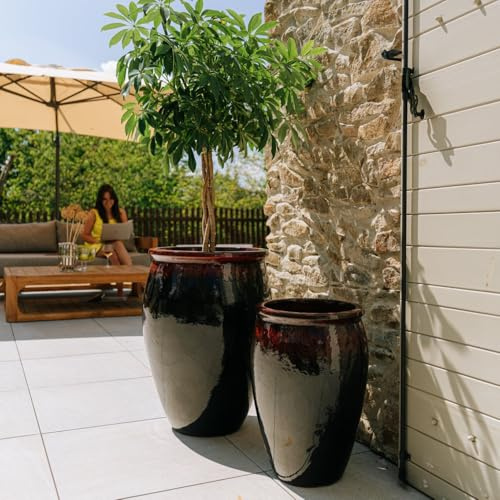 Provencelia Bacchus Blumenkübel Keramik Schwarz-Rot, Größe: XL - Durchmesser: 36 cm x Höhe: 52 cm, Winterfest, handgefertigt, mediterranes Pflanzgefäß für Garten Balkon Innen