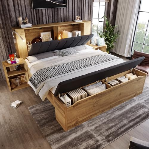 Kebnor Doppelbett Holzbett mit klappbarem Kopfteil aus Leinenstoff Stauraum Zwei Nachttische Bettbank mit Stauraum Leselampen mit USB (Ohne Matratze) (180 x 200 cm-B)