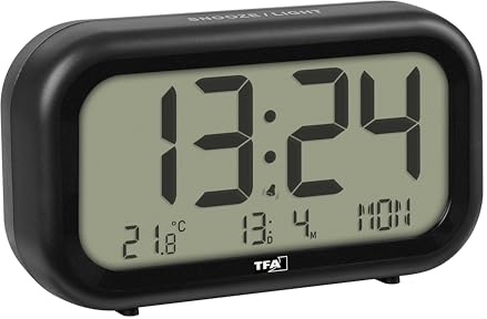 TFA Dostmann Wecker digital Nocta, 60.2052, batteriebetrieben mit großen Zahlen, Wecker mit 2 Lautstärken, beleuchtet, inkl Innenthermometer, Datum und Wochentag, schwarz