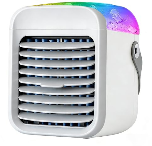 Portable Air Cooler, Rechargeable Mini Mobile Air Conditioner, Desk Air Cooler with 3 Wind Speeds, 7-Colors LED Lights & Spray Humidifier, Small Air Conditioner Electric Fan for Home, Office,Outdoor
