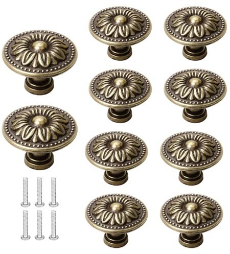 Gipnva 10Pcs Antique Bronzy Cabinet Knobs, Vintage Floral Pattern Drawer Handles, Single Hole Cupboard Handles for Drawers, Vanities, Kitchen Cabinets, Bathroom, Wall Cabinets, and Wardrobes
