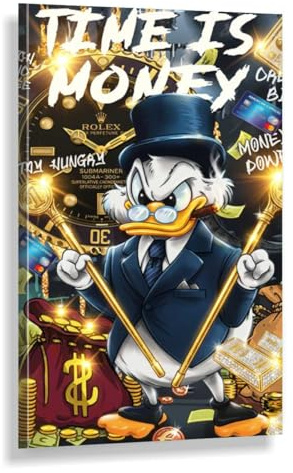 HUBDECO Dagobert Duck „Time Is Money Pop Art Leinwandbild | Rolex Uhr Money Power Wandbild XXL | Gold Graffiti Kunstdruck (120 x 80 cm)