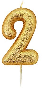 Anniversary House Metallic Gold Glitter Candle, Number 2, 2nd Birthday Cake Topper, 7 Centimeters, AHC90/2