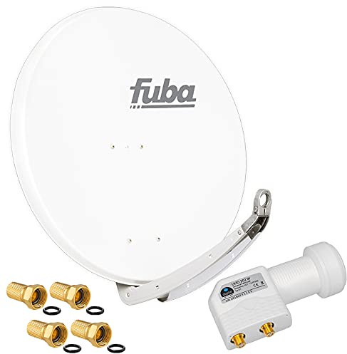 FUBA 2 Teilnehmer Digital SAT Anlage DAA850W Weiss + Hochwertiger Twin LNB (2 Teilnehmer, direkt) von HB-DIGITAL weiß + 4 Vergoldete F-Stecker