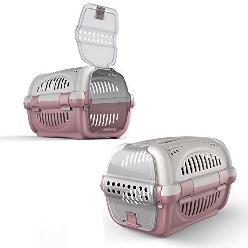CAT CENTRE Premium Pet Carrier, Cat Dog Transport Box, Pink | Kitten puppy travel cage, lockable front door, air vents, lightweight, easy clean, 10 kg max