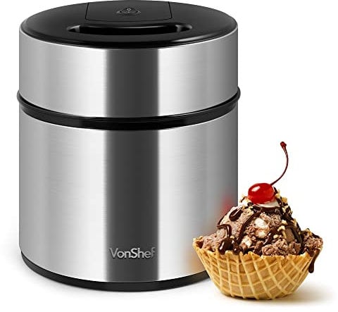 VonShef Ice Cream Maker Machine – Frozen Yoghurt Sorbet Maker 2L, Easy Operation, Detachable Mixing Paddle, Non-Stick Bowl, Large Ingredients Chute, Homemade Ice-Cream in 20 Minutes – Silver