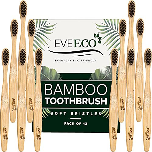EveEco Lot de 12 brosses à dents en bambou avec poils doux pour les gencives sensibles Charbon de bois végétalien Bois naturel Sans BPA Recyclable Compostable Biodégradable Respectueux de
