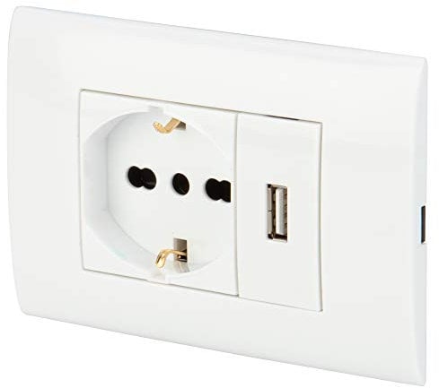 POLY POOL PP6096X Kit Empotrable 250V con Módulos Toma de Corriente Eléctrica Schuko Pluristandard Enchufe 10A 16A Italiana/Alemana y Toma USB 2.1A Blanco con Caja Para fijación a la Pared