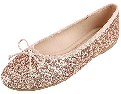 Feversole Women's Macaroon Shiny Memory Foam Cushion Insock Glitter Around Toe Ballet Flat Pumps Glitter Rose Gold 5