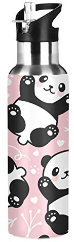 WELLDAY Water Bottle Pink Panda Double Wall Vacuum Insulated Flask Stainless Steel with Straw Lid 20oz