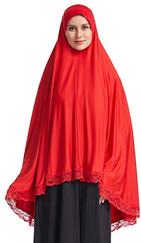 GladThink Dame Muslim Sehr elastisch Langer Hijab mit Spitze Rot L