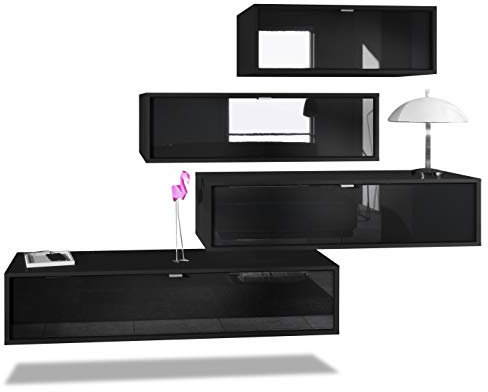 Vladon Wohnwand Lana V3 Anbauwand aus 4 Hängeelementen mit 10 Fächern, Made in Germany, Korpus in Schwarz matt, Fronten in Schwarz Hochglanz | Große Farbauswahl
