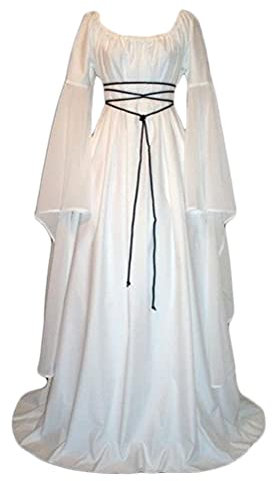Tomwell Damen Vintage Mittelalter Elegante Lang Kleider Schnürkleid Retro Renaissance Cosplay Dress Party Festlich A-Linie Bodenlang Maxikleid Halloween Kostüm Viktorianische B Weiß M