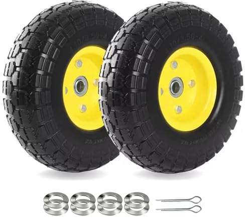 (2-Pack) 10-Inch Solid Tire Wheels - Replacement 4.10/3.50-4 Flat Free Tires and Wheels with 5/8 Axle Bore Hole Bearings, 2.17 Offset Hub -Perfect for Hand Truck, Wheelbarrow, Gorilla Carts