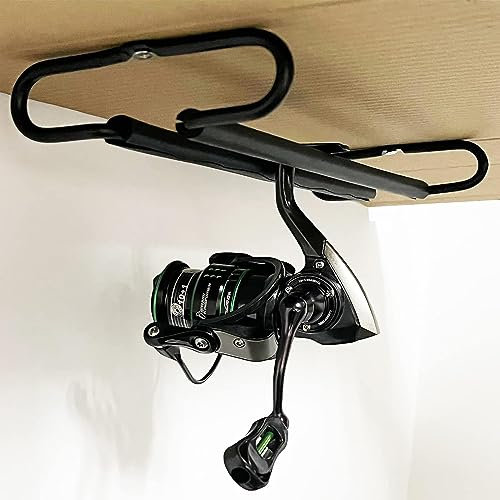 AUXPhome Metall-Angelrollen-Display-Rack, Angelrolle, Deckenhalterung, Aufbewahrungsregal, Spinnrolle, Organizer für Garage, Kabine und Keller, hält 3 Angelrollen (keine Spinn-Angelrolle)