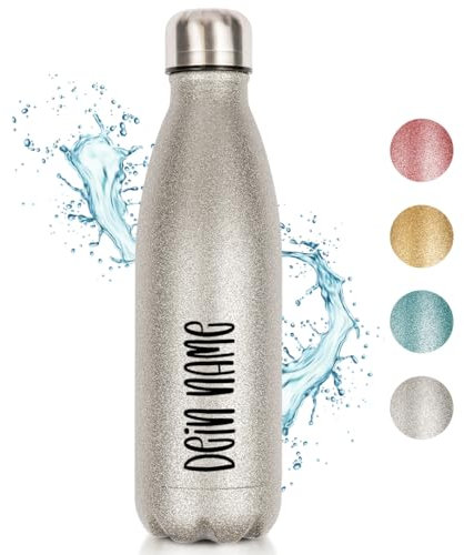 Glitzer-Trinkflasche aus Edelstahl | Personalisiert | Namensflasche | Thermoflasche | BPA-Frei | Geschenkidee | Silber