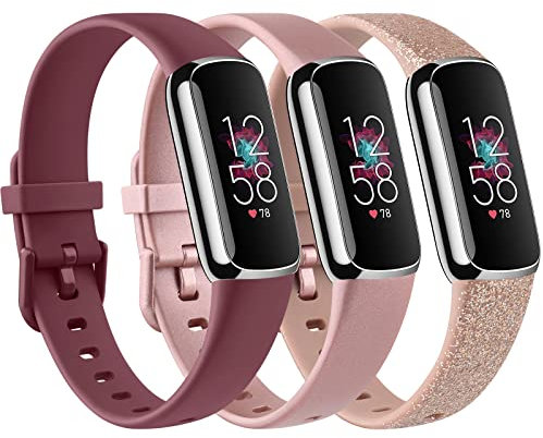 Vancle 3 Pack Kompatibel mit Fitbit Luxe Armband, Weich Silikon Verstellbare Sport Ersatzband für Fitbit Luxe Tracker Damen und Herren (S, Weinrot/Roségold/Roségold Glitzern)